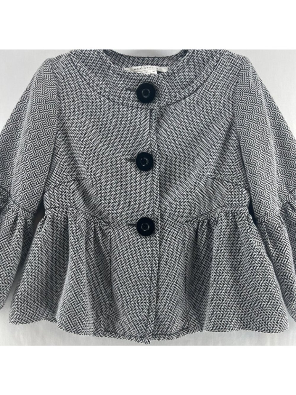 Max Studio Zigzag Peplum Jacket Womens M Puff Balloon Sleeve Button Black White - Picture 6 of 13
